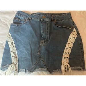 Love Tree Denim Skirt Mini Lace Up Frayed Hem Blue Jean Skirt Small